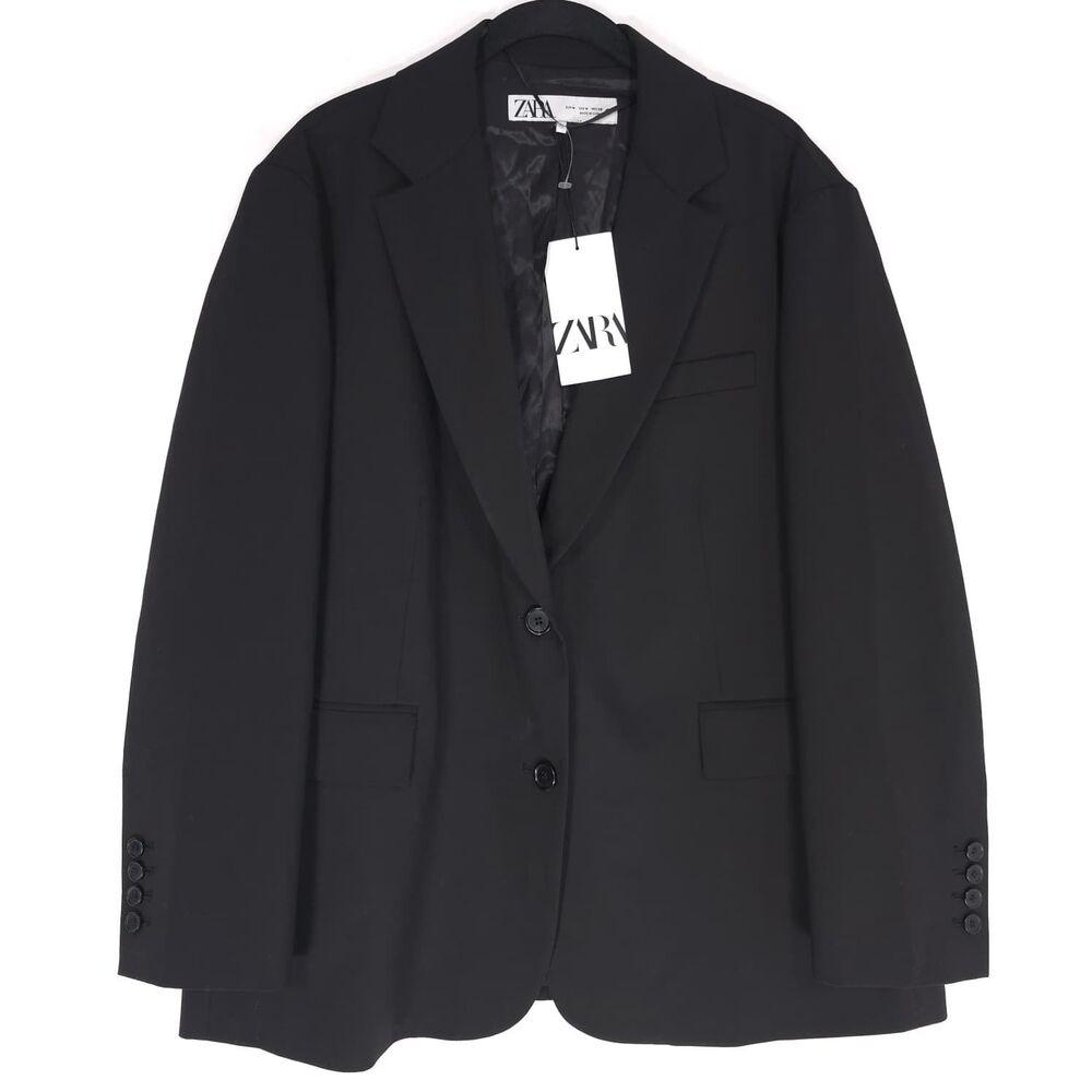 ZARA Womens New Blazer Jacket‎ Black Two Button Stretch MEDIUM Business